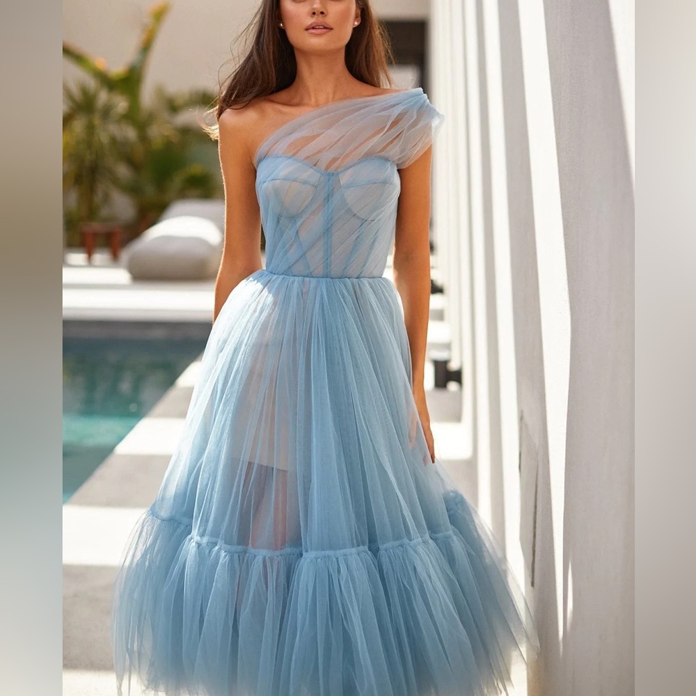 Milla Black One-Shoulder Cocktail Mesh Tulle Luxurious A-line midi Dress - Picture 8 of 8